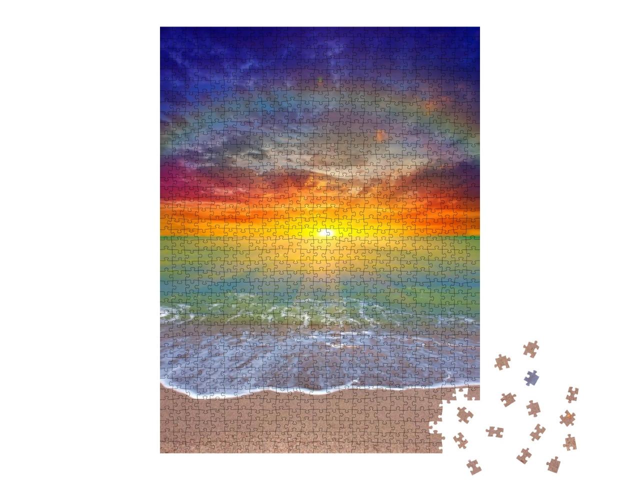 Puzzle 1000 Teile „Farbenfroher Sonnenuntergang über dem Horizont am Meer“