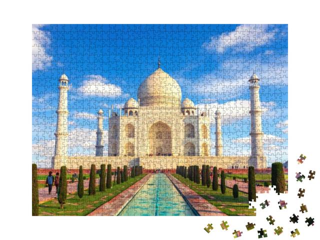 Puzzle 1000 Teile „Blick auf das Taj Mahal an einen sonnigen Tag, Indien“