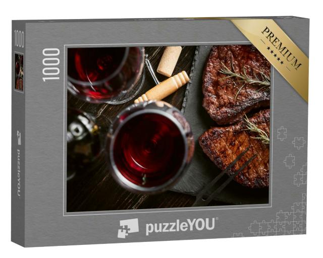 Puzzle 1000 Teile „Abendessen für zwei Personen mit Steaks und Rotwein“