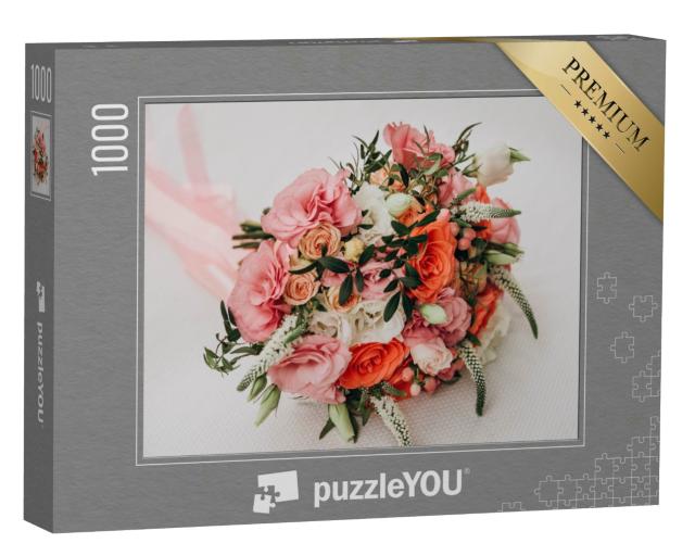 Puzzle 1000 Teile „Ein rosa Hochzeitsstrauß mit Rosen“