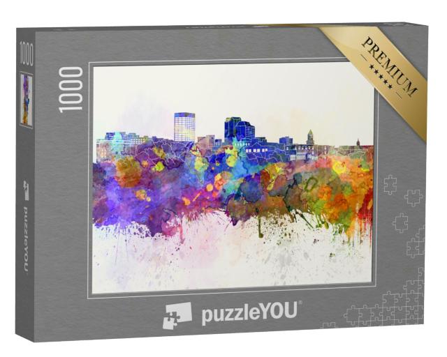 Puzzle 1000 Teile „Skyline von Manchester im Aquarell-Hintergrund“