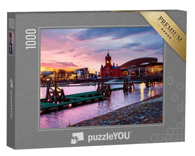 Puzzle 1000 Teile „Waterfront bei Nacht, Sonnenuntergang in Cardiff, Wales“
