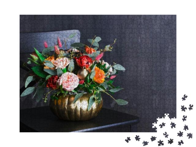 Puzzle 1000 Teile „Herbstblumenstrauß in farbiger Kürbis-Vase“