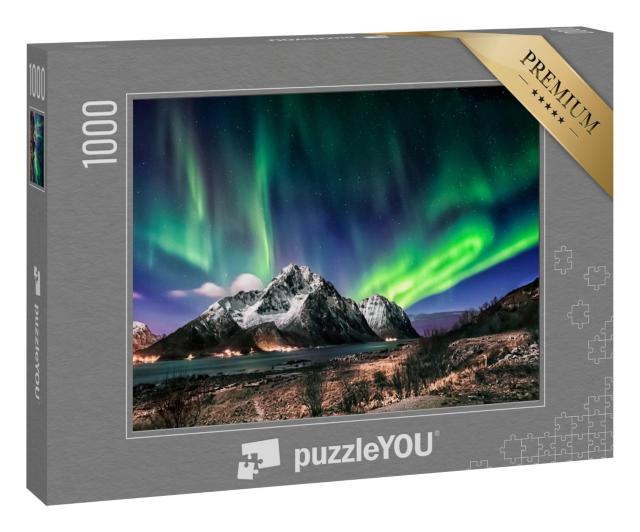 Puzzle 1000 Teile „Landschaft der Lofoten: Besuch im Winter mit Polarlicht, Norwegen“
