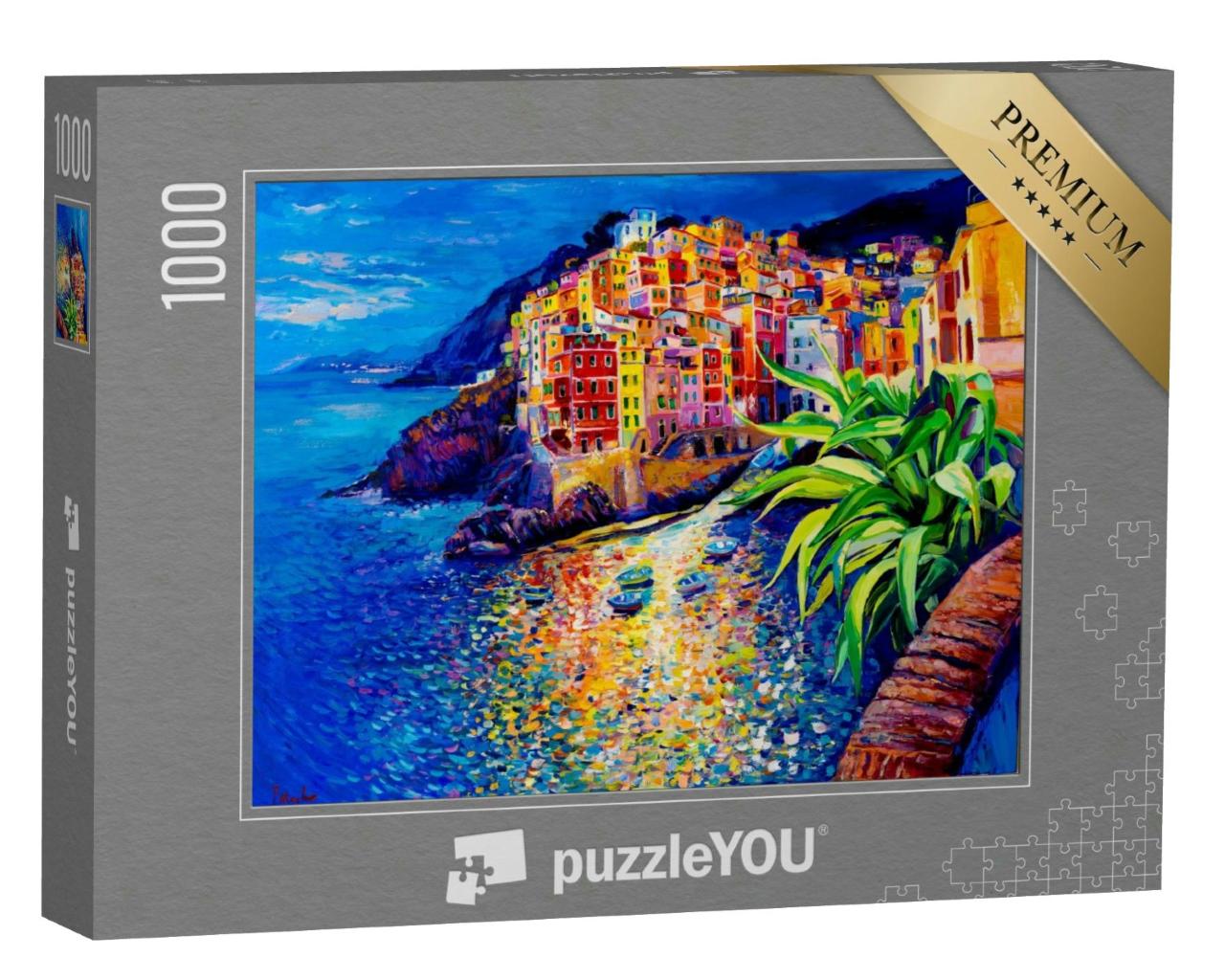 Puzzle 1000 Teile „Ölgemälde: Buntes Dorf am Meer“