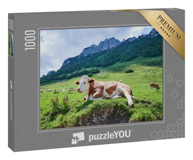 Puzzle 1000 Teile „Kuh vor der Kampenwand, Bayern, Deutschland“