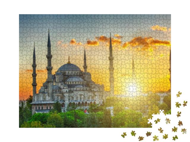 Puzzle 1000 Teile „Wunderschöner Sonnenaufgang über der Blauen Moschee, Istanbul, Türkei“