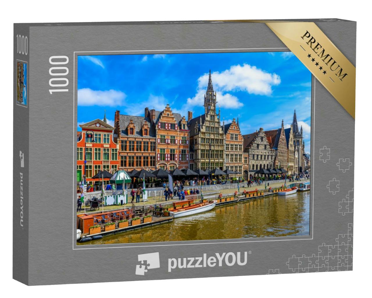 Puzzle 1000 Teile „Historischer Graslei-Kai und Fluss Leie im historischen Stadtzentrum von Gent, Belgien“