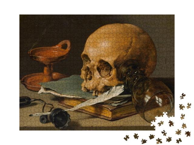 Puzzle 1000 Teile „Pieter Claesz - Stilleben mit einem Totenkopf und Schreibfeder“