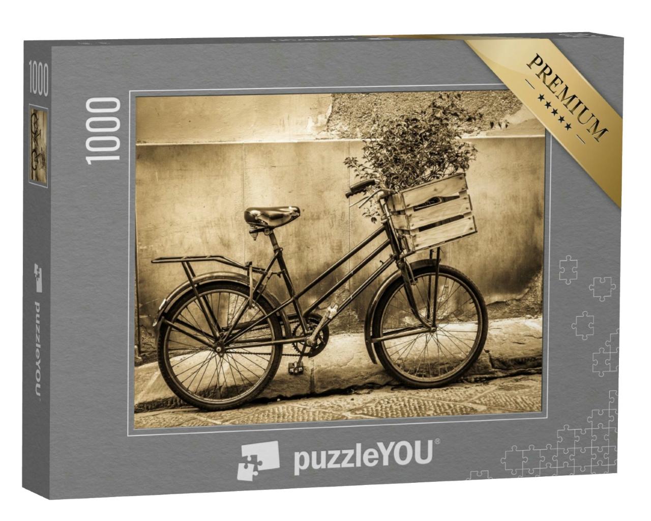 Puzzle 1000 Teile „Vintage-Fahrrad mit Pflanzen in der Transportkiste auf dem Lenker“