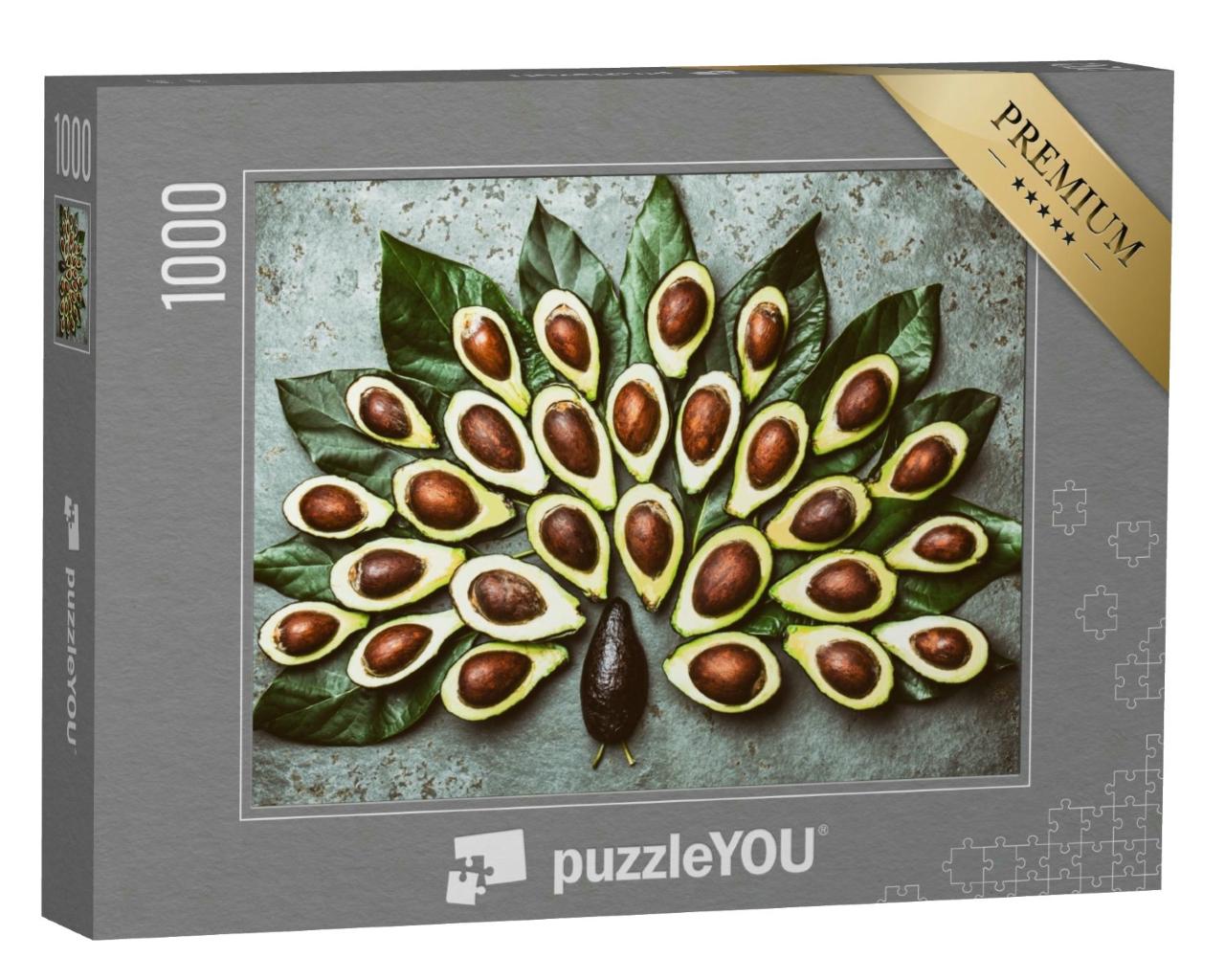Puzzle 1000 Teile „Pfau aus Avocadopalta und Avocadobaumblättern“