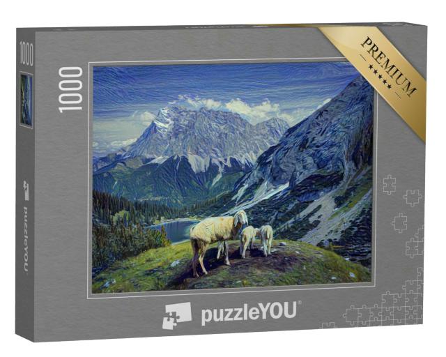 Puzzle 1000 Teile „im Kunst-Stil von van Gogh, Sternennacht - Seebensee und Coburger Hütte“