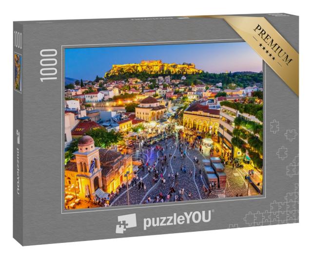 Puzzle 1000 Teile „Monastiraki-Platz und antike Akropolis am Abend, Athen, Griechenland“
