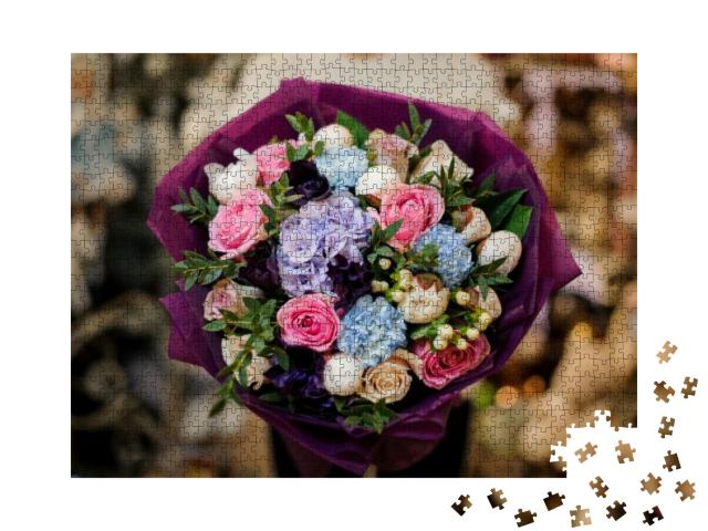 Puzzle 1000 Teile „Ein Blumenstrauß aus Hortensien und Pfingstrosen“