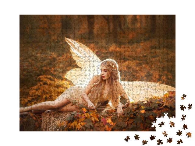 Puzzle 1000 Teile „Wunderschöne Elfe ruht im weichen Laub des Waldes“