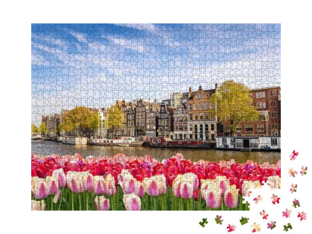 Puzzle 1000 Teile „Stadtsilhouette von Amsterdam mit Frühlingstulpen, Niederlande“