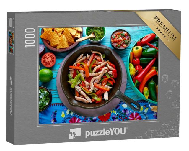 Puzzle 1000 Teile „Hähnchen-Fajitas in der Pfanne mit Soßen, Chili und Beilagen“