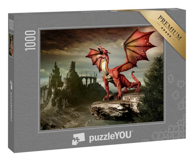 Puzzle 1000 Teile „Fantasielandschaft mit rotem Drachen und Burgruinen“