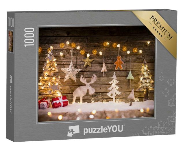 Puzzle 1000 Teile „Weihnachtsdekoration auf hölzernem Hintergrund, Elch, Baum“