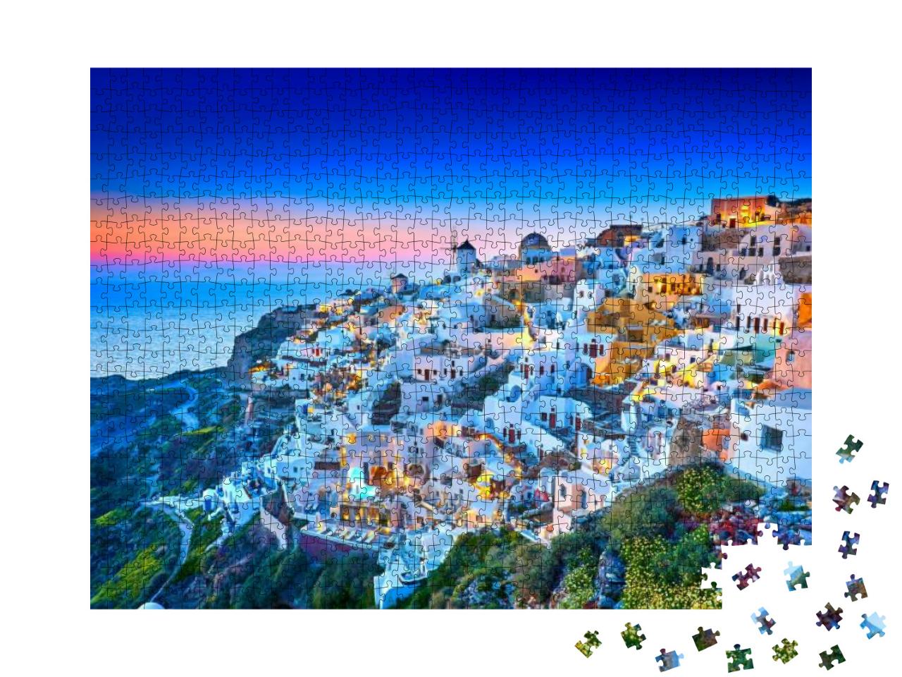 Puzzle 1000 Teile „Kirche von Santorin mit romantischem Sonnenuntergang, Griechenland“