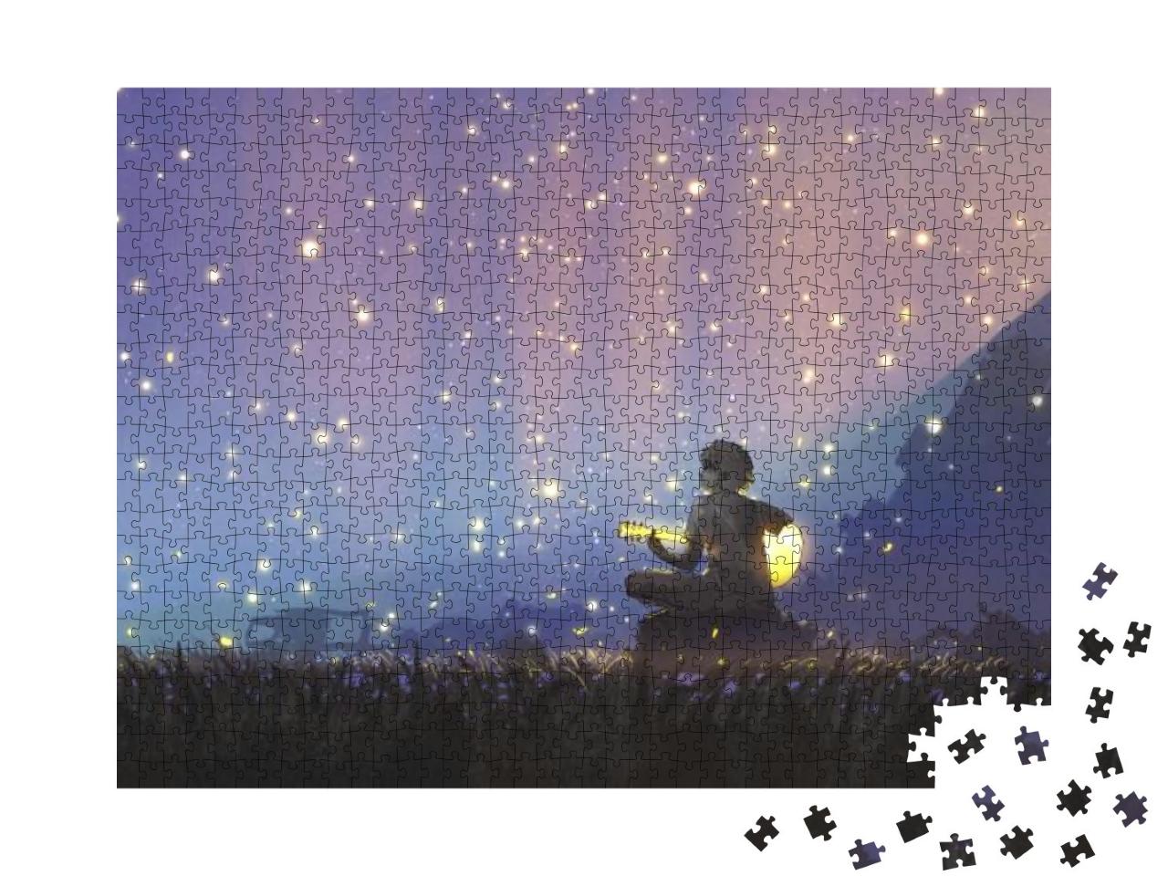 Puzzle 1000 Teile „Ein Junge spielt Gitarre auf der Wiese und schaut in den schönen Himmel“