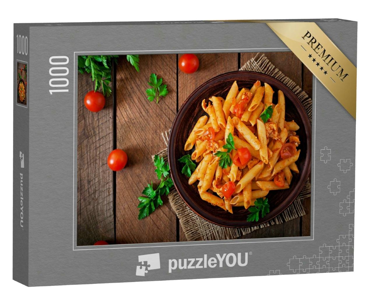 Puzzle 1000 Teile „Penne in Tomatensauce mit Hähnchen“