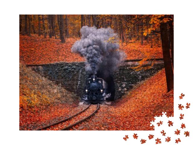 Puzzle 1000 Teile „Eine Dampflokomotive auf ihrer Fahrt durch einen Tunnel im Wald“
