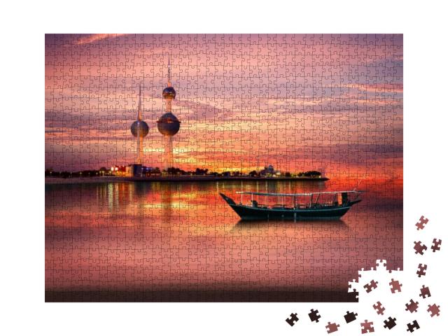 Puzzle 1000 Teile „Arabisches Boot nach traditioneller Art am Kuwait Landmark“