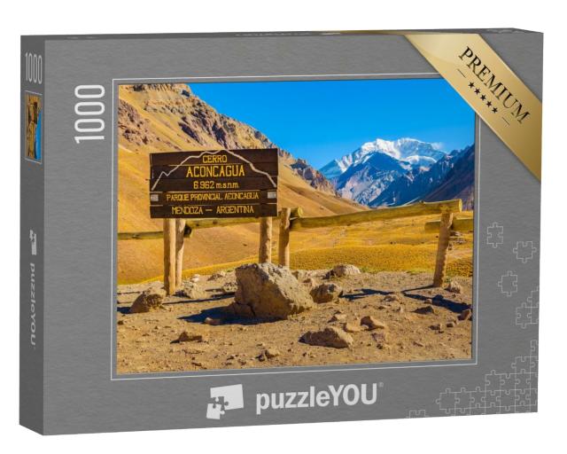 Puzzle 1000 Teile „Cerro Aconcagua, Schild in den Bergen von Argentinien“