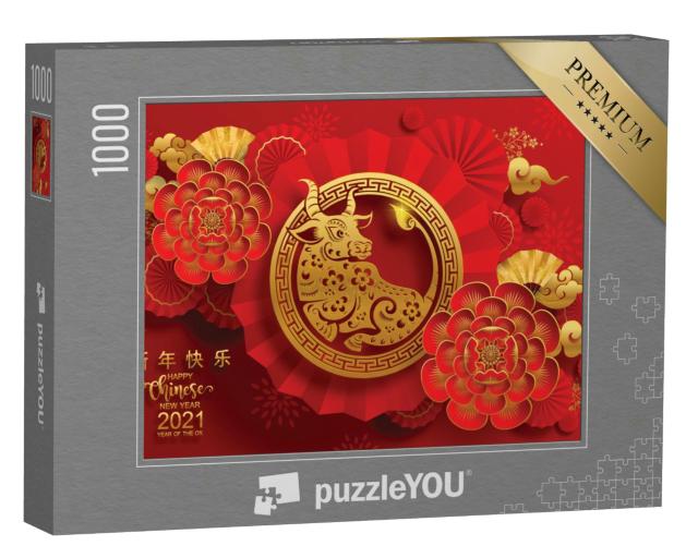 Puzzle 1000 Teile „Jahr des Ochsen, chinesisches neues Jahr 2021, rotes und goldenes Papier“