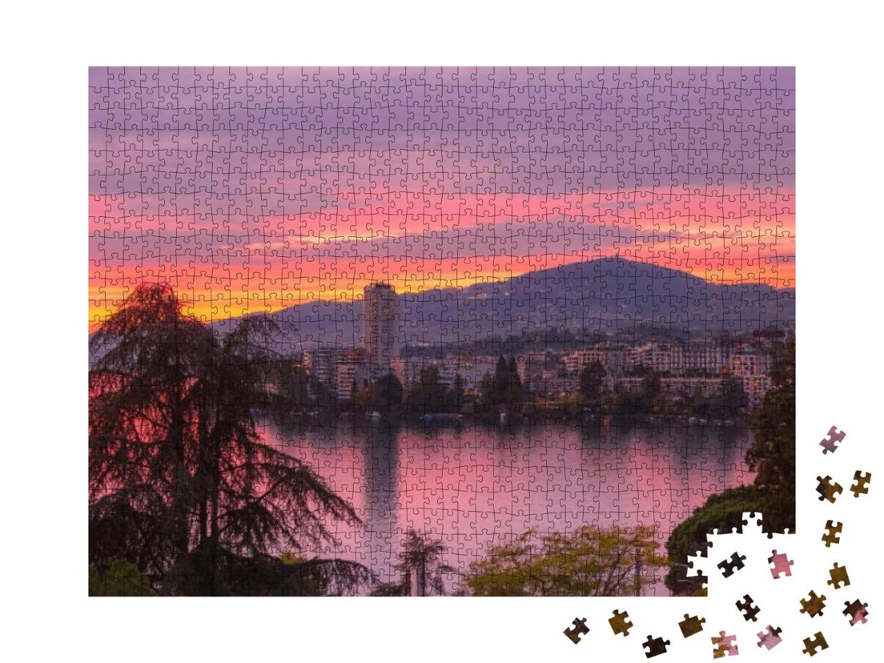 Puzzle 1000 Teile „Sonnenuntergang mit Blick auf Montreux und Genfer See, Schweiz“