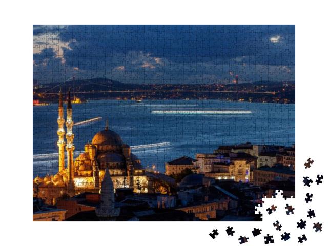 Puzzle 1000 Teile „Bosporus-Brücke und Süleymaniye-Moschee bei Nacht, Istanbul, Türkei“