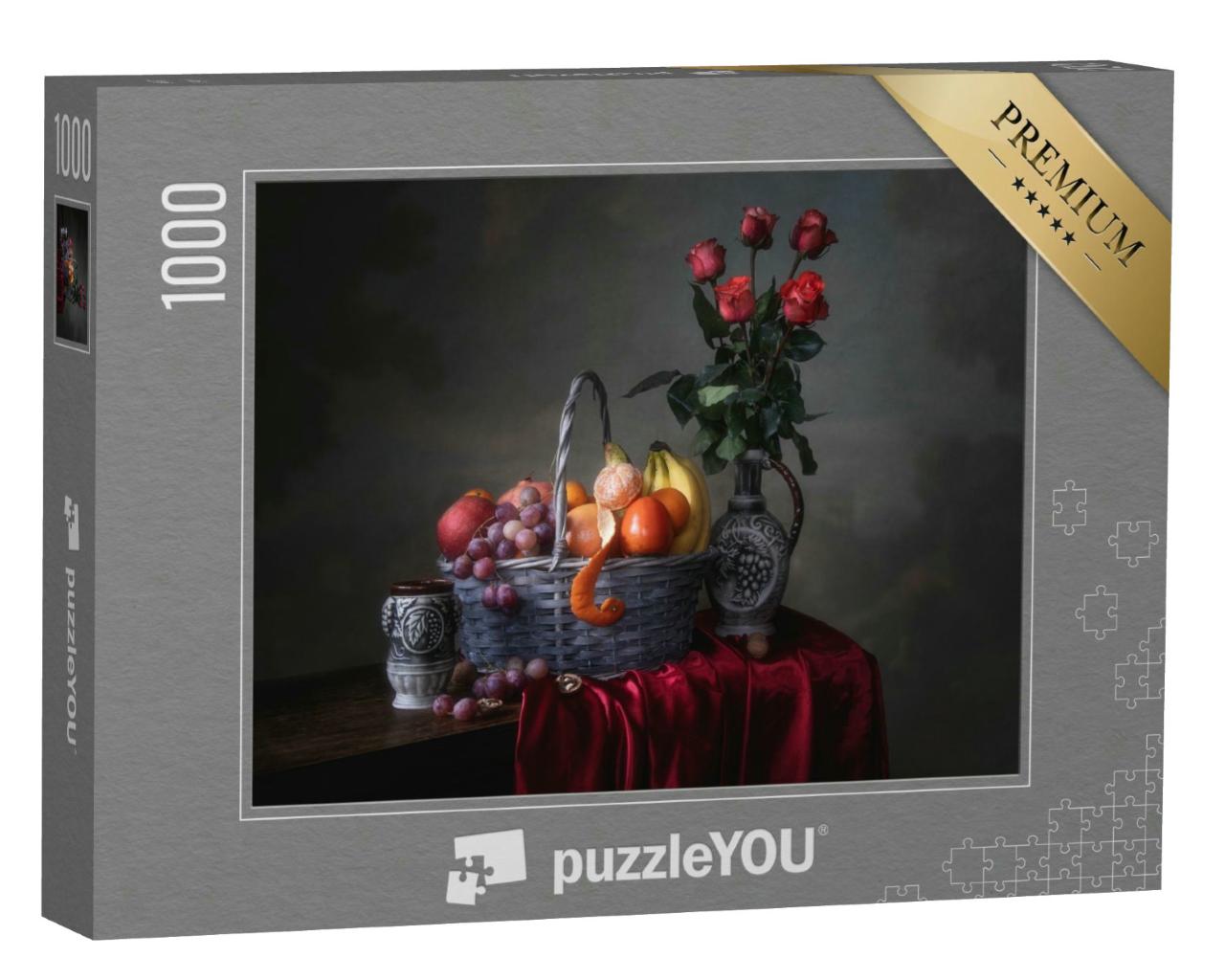 Puzzle 1000 Teile „Stillleben mit Rosen in einer Vase und Korb gefüllt mit Früchten“