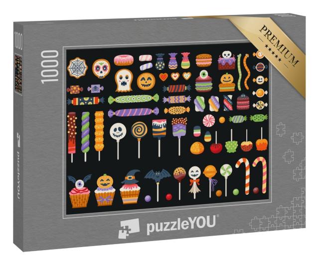 Puzzle 1000 Teile „Bonbons, Zuckerstangen und Lutscher an Halloween“