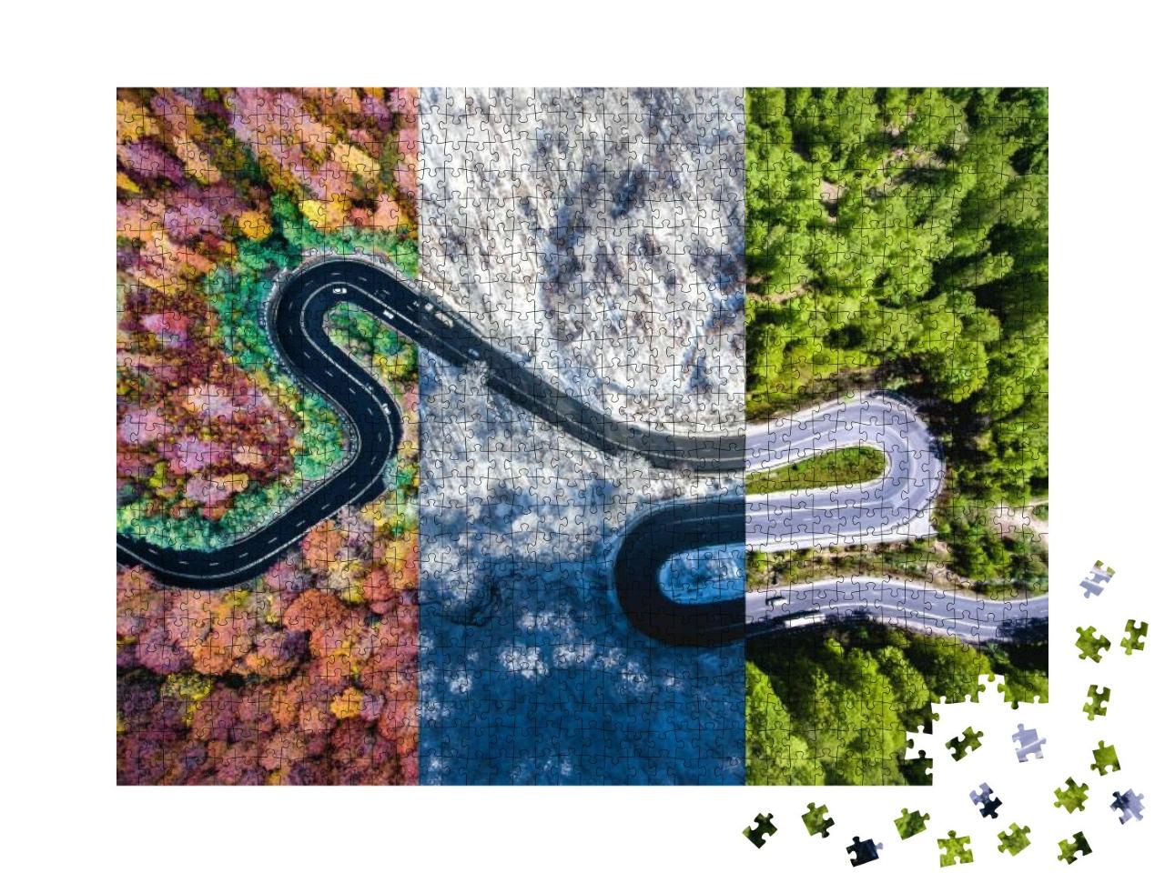 Puzzle 1000 Teile „Kurvenreiche Straße im Wald durch die Jahreszeiten“