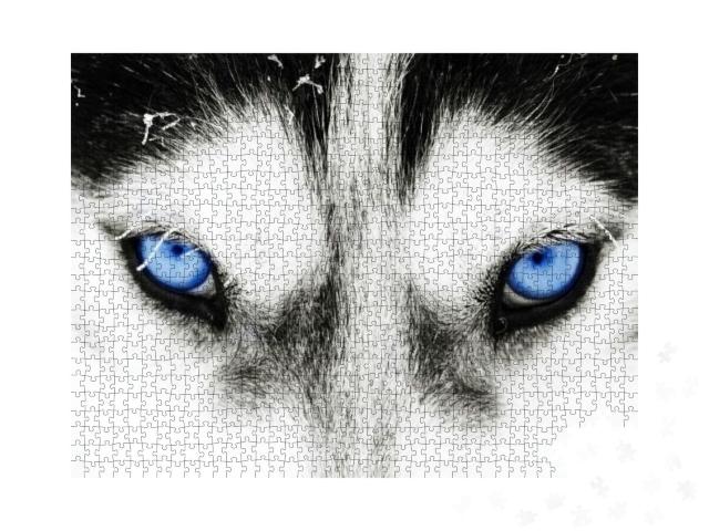 Puzzle 1000 Teile „Nahaufnahme: Die blauen Augen eines Husky-Hundes“
