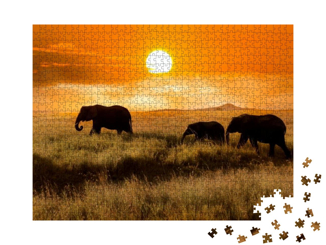 Puzzle 1000 Teile „Elefantenfamilie bei Sonnenuntergang im Nationalpark von Afrika“