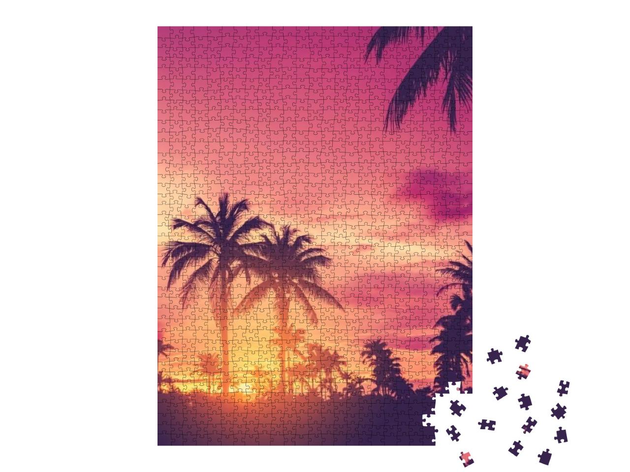 Puzzle 1000 Teile „Palmen im leuchtend purpurnen Sonnenuntergang“
