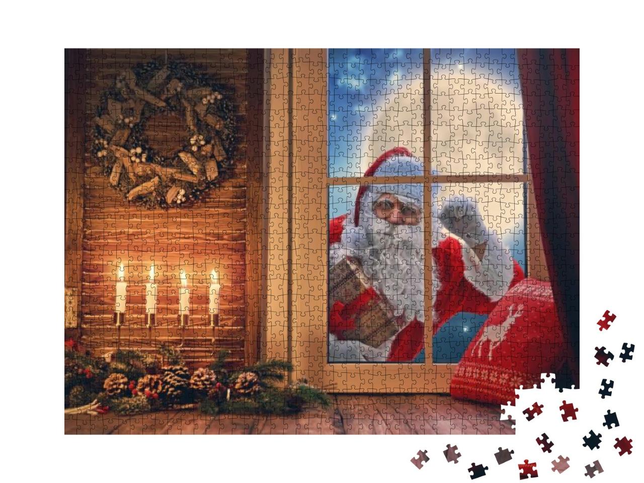 Puzzle 1000 Teile „Frohe Weihnachten: Weihnachtsmann klopft ans Fenster“