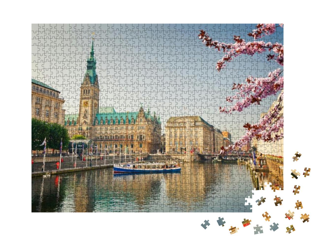 Puzzle 1000 Teile „Hamburger Rathaus und Alster im Frühjahr“