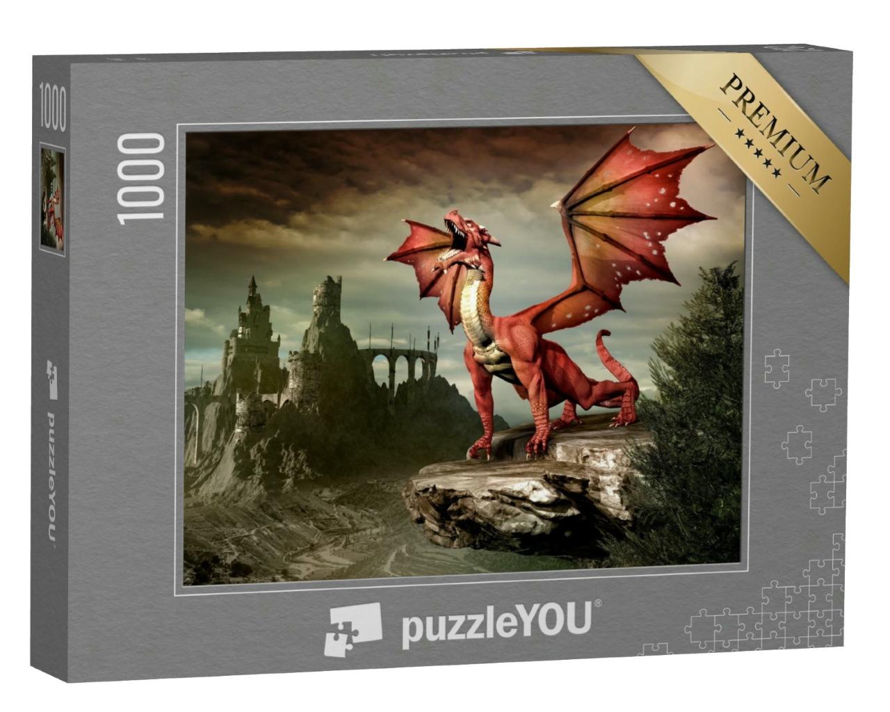 Puzzle 1000 Teile „Fantasielandschaft mit rotem Drachen und Burgruinen“