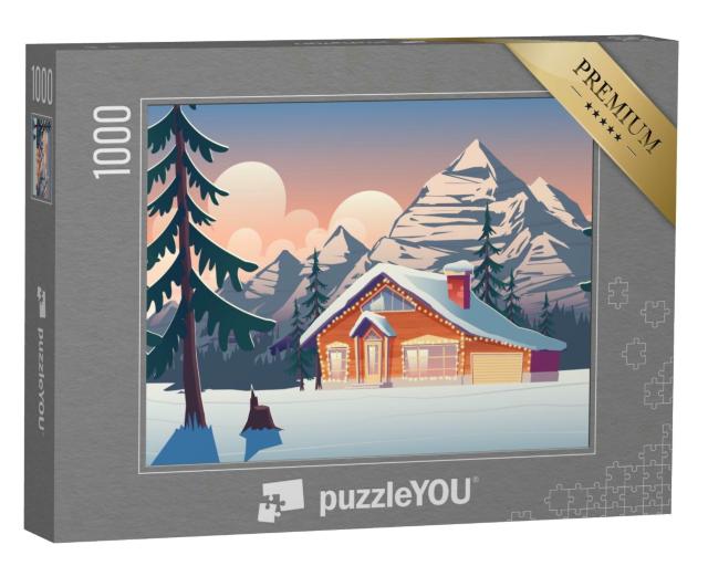 Puzzle 1000 Teile „Vektor-Grafik: Chalet in winterlicher Berglandschaft“