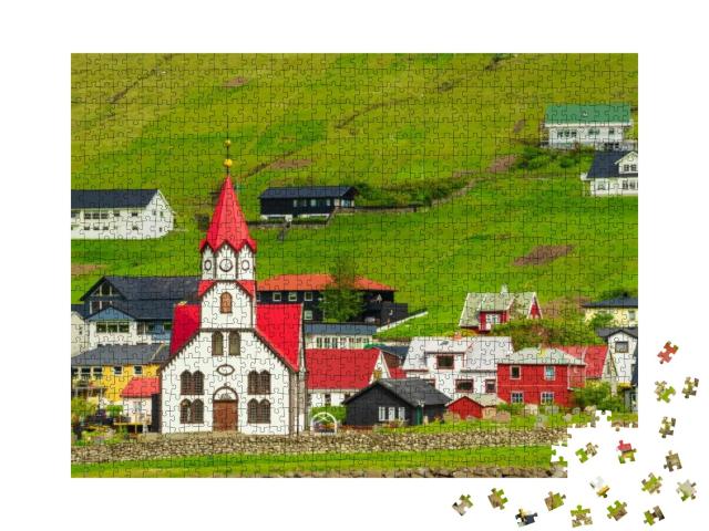 Puzzle 1000 Teile „Kirche mit rotem Dach in Sandavagur, Färöer Inseln“
