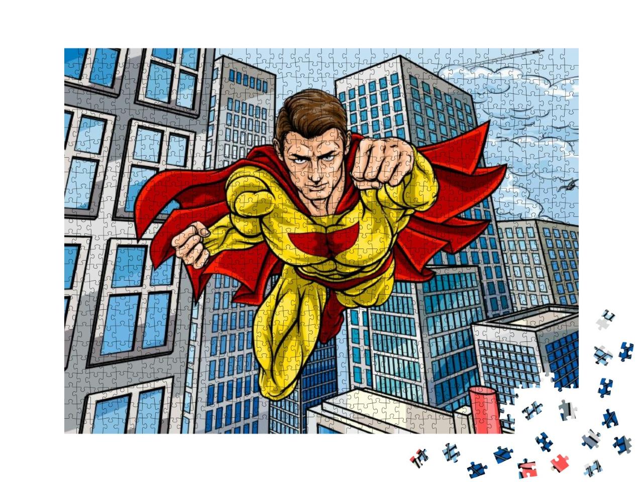 Puzzle 1000 Teile „Cartoon-Superheld fliegt über eine Stadt “