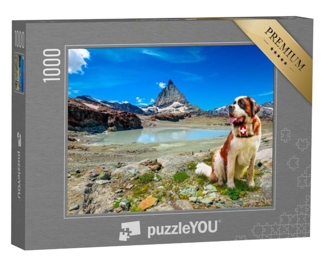 Puzzle 1000 Teile „Bernhardiner-Rettungshund mit Schnapsfass vor den Alpen, Zermatt“