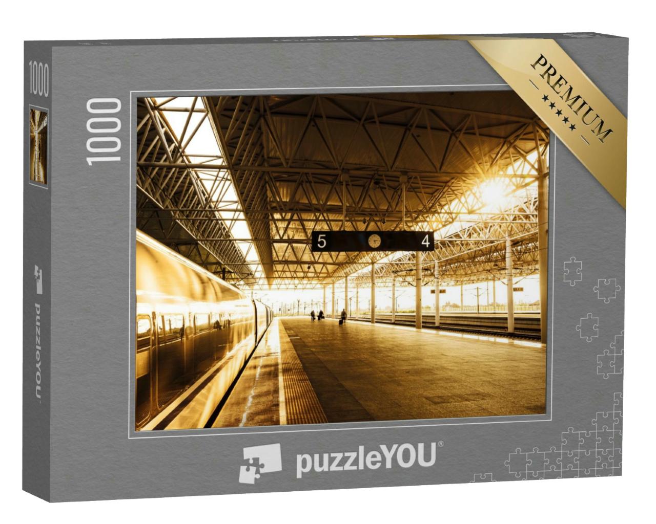 Puzzle 1000 Teile „Zughalt am Bahnhof mit Sonnenuntergang“