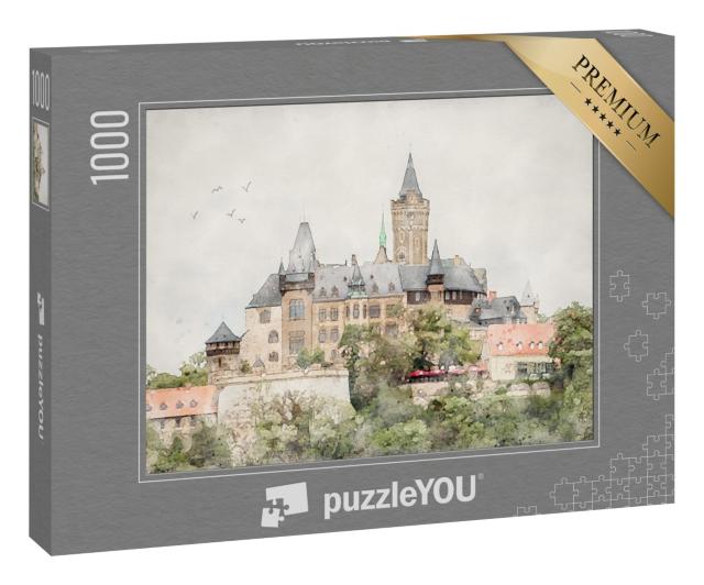 Puzzle 1000 Teile „Aquarell des Schlosses von Wernigerode im Harz, Sachsen-Anhalt“