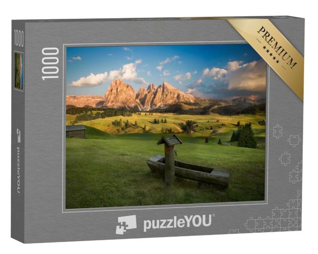 Puzzle 1000 Teile „Seiser Alm mit Langkofelgruppe im Sonnenuntergang, Südtirol, Italien“