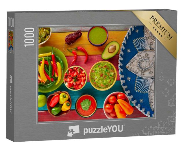 Puzzle 1000 Teile „Mexikanische Rezepte: Guacamolem Nachos, Chilisauce und Pico de Gallo“