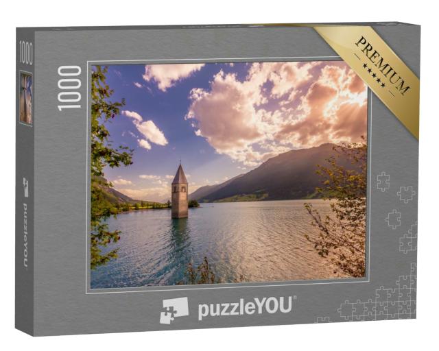 Puzzle 1000 Teile „Versunkener Glockenturm im Reschensee, Südtirol“